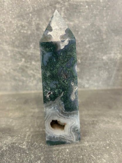 Moss Agate With Druzy Tower