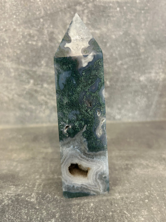 Moss Agate With Druzy Tower