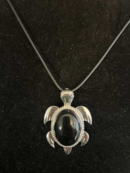 Large Black Obsidian Turtle Necklace