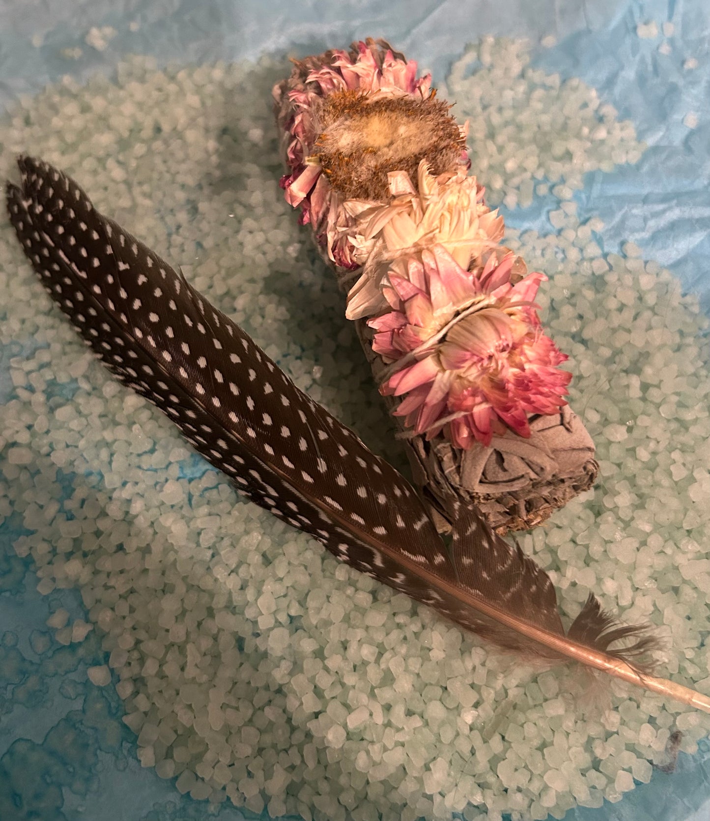 White Sage And Pink Sunflower Smudge Stick With Turkey Feather